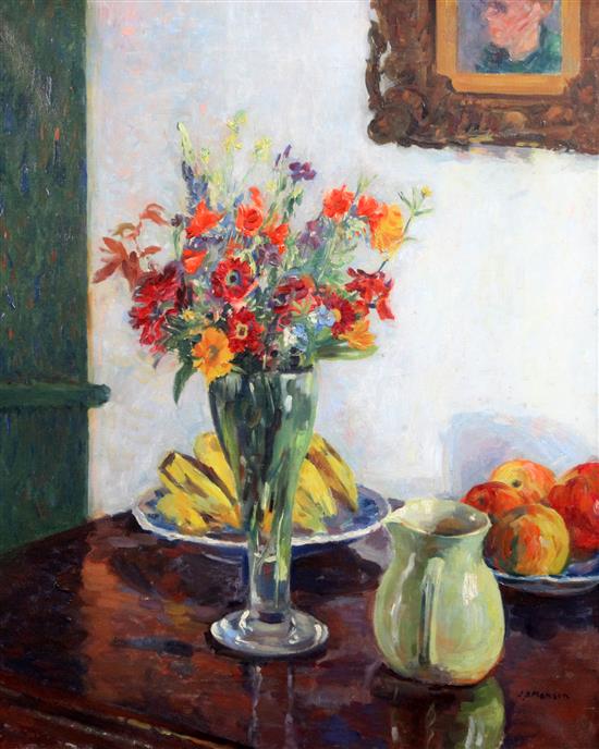 § James Bolivar Manson (1879-1945) Still life of flowers in a vase and fruit on a table 24 x 20in.